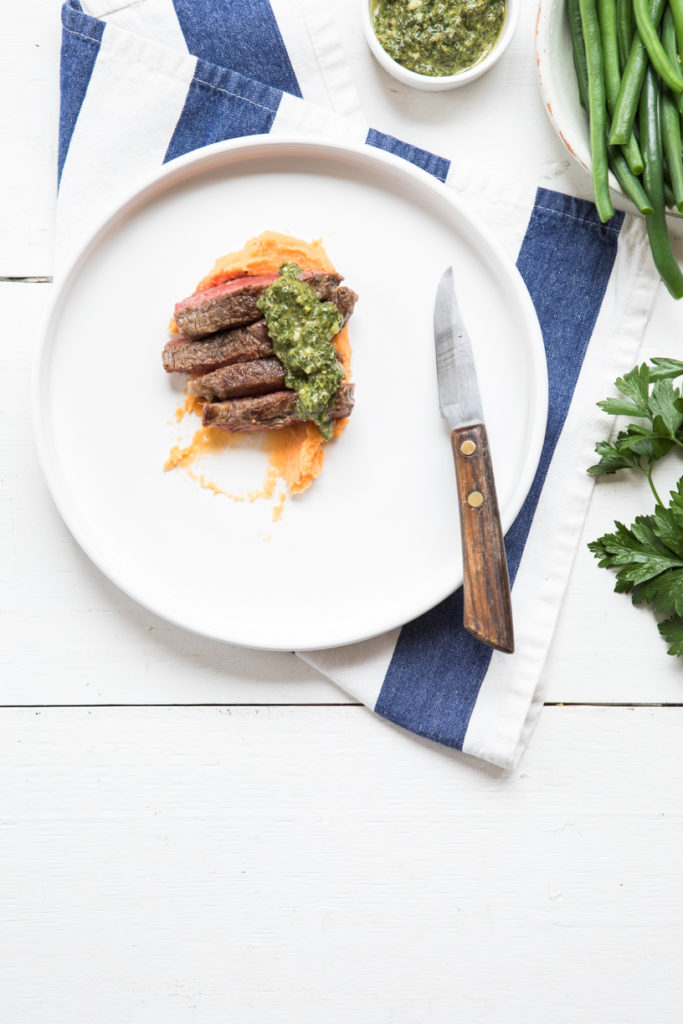 Steak with Salsa Verde & Sweet Potato, White Bean Mash | Nadia Felsch